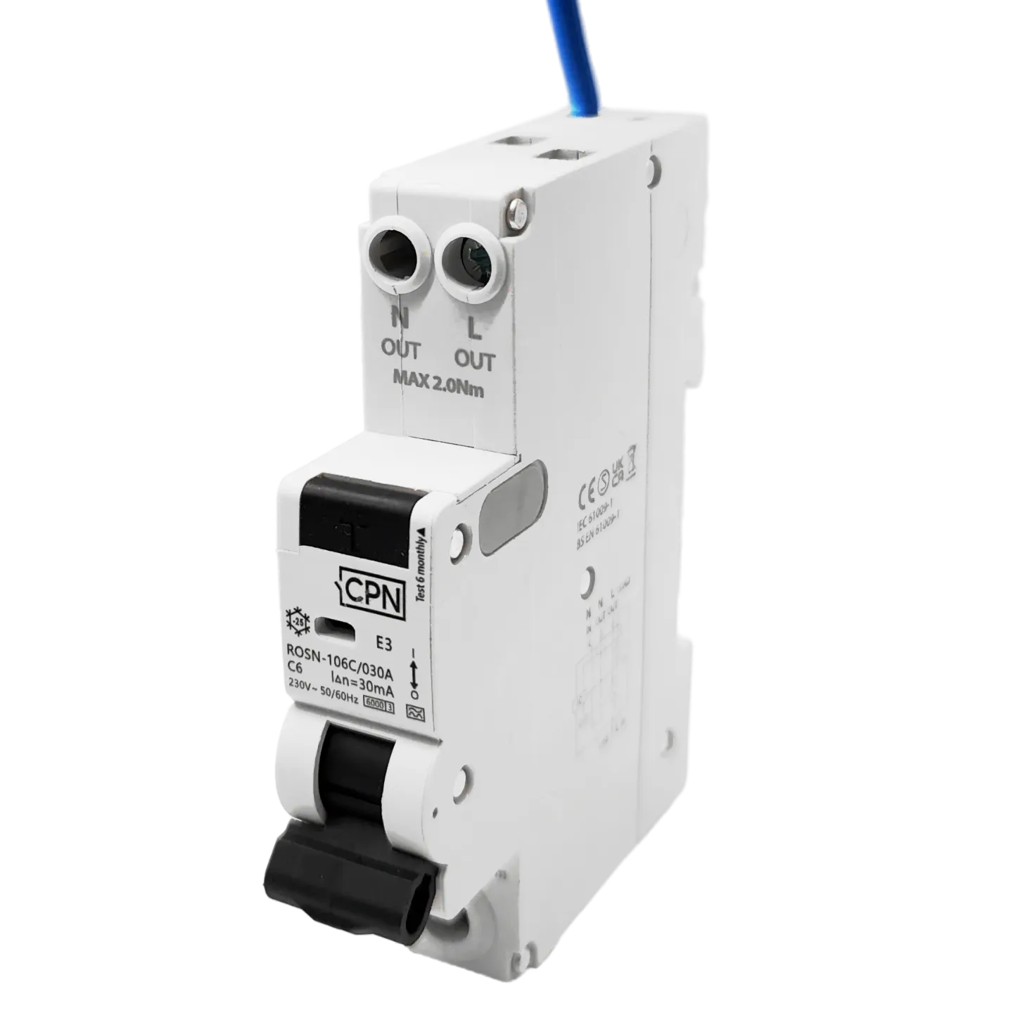 ROSN-106C-030A-edited-1 2 Pole, 1 module, B Curve, 30mA, Type A, Switched Neutral RCBO - Image 1