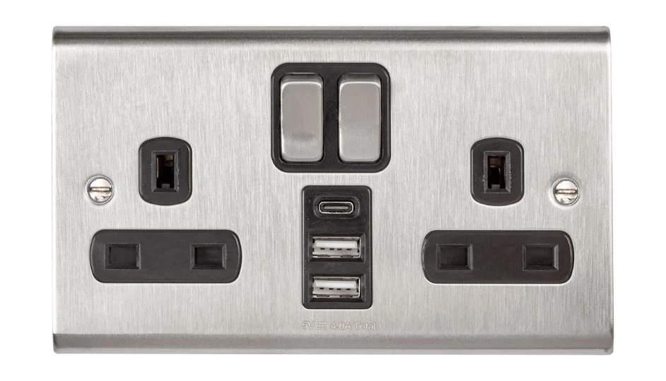 SD1288SSB (1) 13A 2 Gang Switched Socket with 3 USB Ports (1 x Type C + 2 x Type A, 4.0A) Stainless Steel Black Insert - Image 1