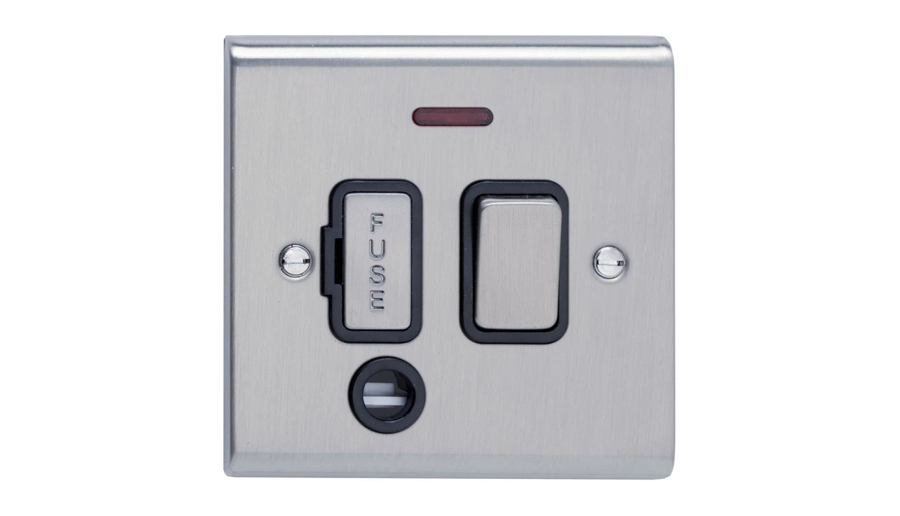 SD1373SSB 13A Switched Spur with Neon and Flex Outlet Stainless Steel Black Insert - Image 1
