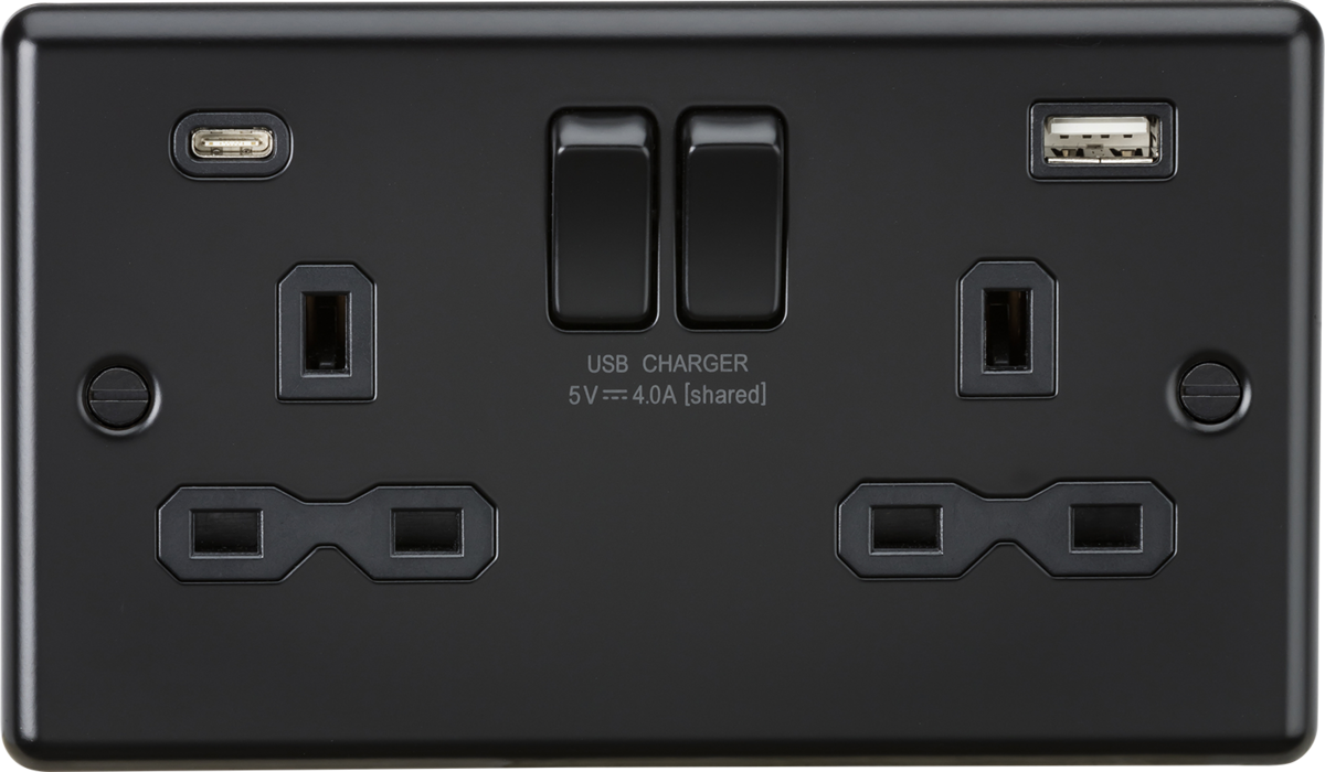 1554104-autocrop-1200x700 13A 2G SP Switched Socket with Dual USB A+C (5V DC 4.0A shared) - Matt Black with Black Insert - Image 1