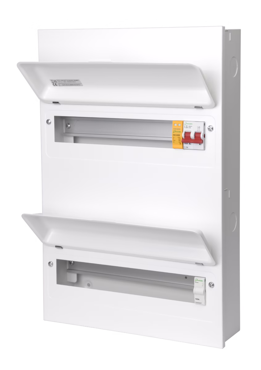 E-MMD284SPD1-Y DOUBLE STACKED METAL CONSUMER UNIT 28 WAYS (13+15) C/W 100A MAIN SWITCH & T2 SPD & CONNECTOR - Image 1